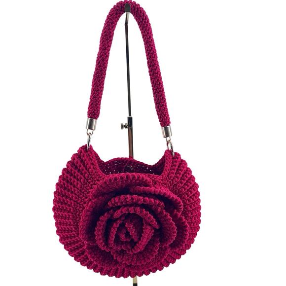 Handmade Handbags - Handmade Red Crochet Floral Shoulder Bag Boho Cottagecore Knit statement purse